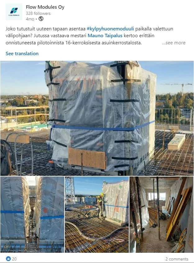 Kylpyhuone-elementti paikallavaluvälipohjaan